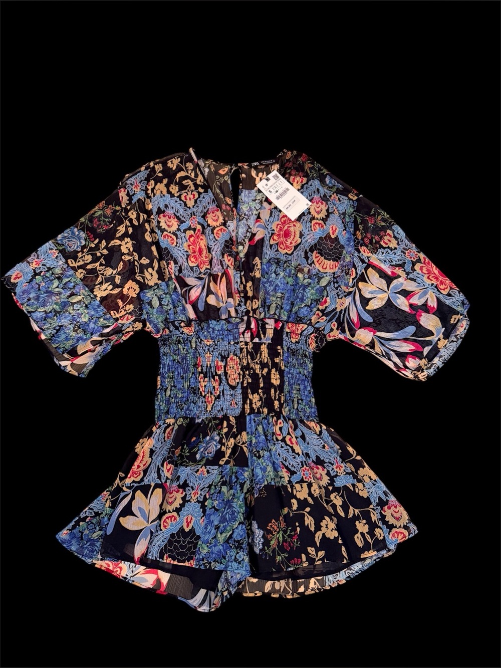 Zara Floral Smocked Waist V-Neck Women’s Romper - Black & Blue Floral Size Small
